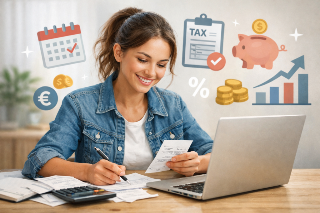 pracující žena u stolu s notebookem řešící vedení účetnictví