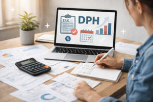 žena sedící za stolem kde je notebook a zpracovávající DPH